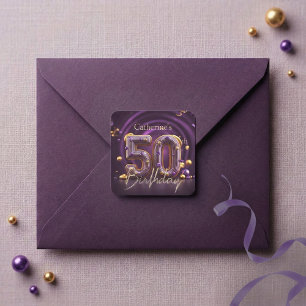Elegant Purple Gold Glam 50th Birthday Party Square Sticker