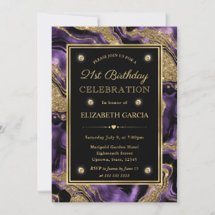 Elegant Purple & Gold Glitter Agate 21st Birthday Invitation