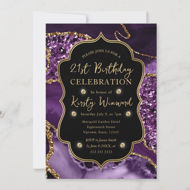 Elegant Purple & Gold Glitter Agate 21st Birthday Invitation (Front)