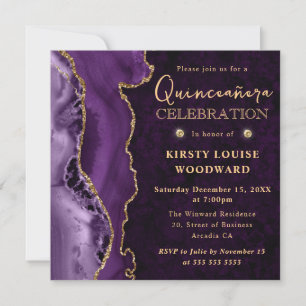 Elegant Purple Gold Glitter Agate Quinceanera Invitation