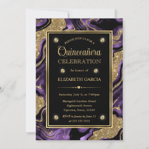 Elegant Purple & Gold Glitter Agate Quinceanera Invitation