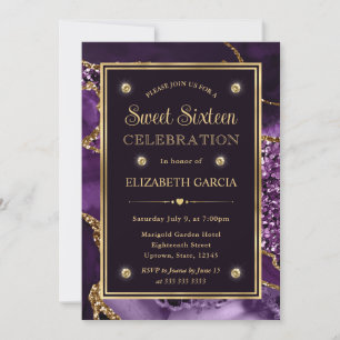 Elegant Purple & Gold Glitter Agate Sweet Sixteen Invitation