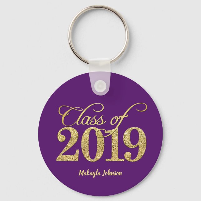 Elegant Purple & Gold Glitter Class of 2019 Key Ring (Front)