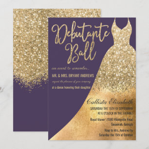 Elegant Purple Gold Glitter Dress Debutante Dance Invitation