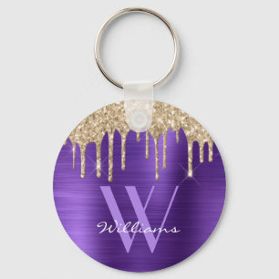 Elegant Purple Gold Glitter Drips Monogram Name Key Ring