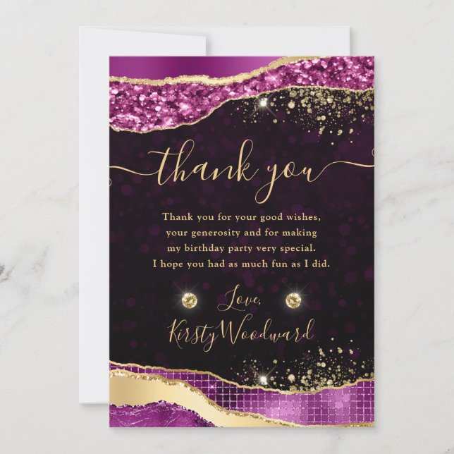 Elegant Purple & Gold Glitter Glam Tears Birthday Thank You Card (Front)