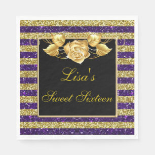 Elegant Purple Gold Glitter Gold Rose Sweet 16 Napkin