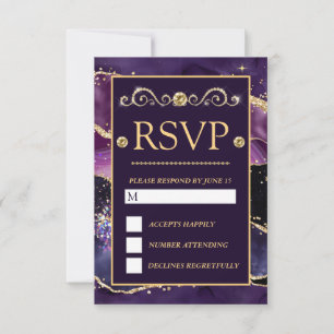 Elegant Purple Gold Glitter Marble Agate Wedding RSVP Card
