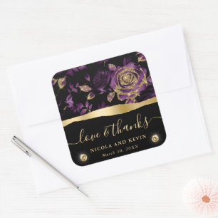 Elegant Purple & Gold Glitter Rose Floral Wedding Square Sticker