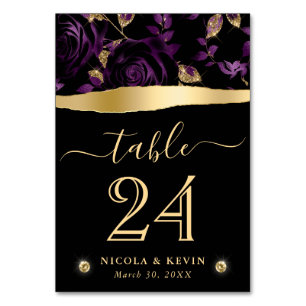 Elegant Purple & Gold Glitter Rose Floral Wedding Table Number