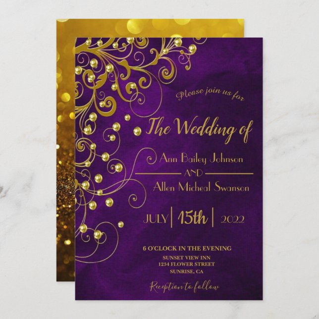 Elegant Purple Gold Glitter Wedding Announcement (Front/Back)