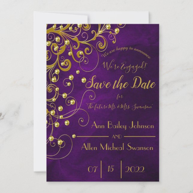 Elegant Purple Gold Glitter Wedding Save The Date (Front)