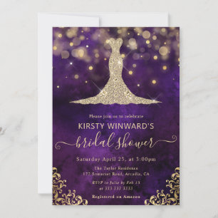 Elegant Purple Gold Gown Bridal Shower Invitation