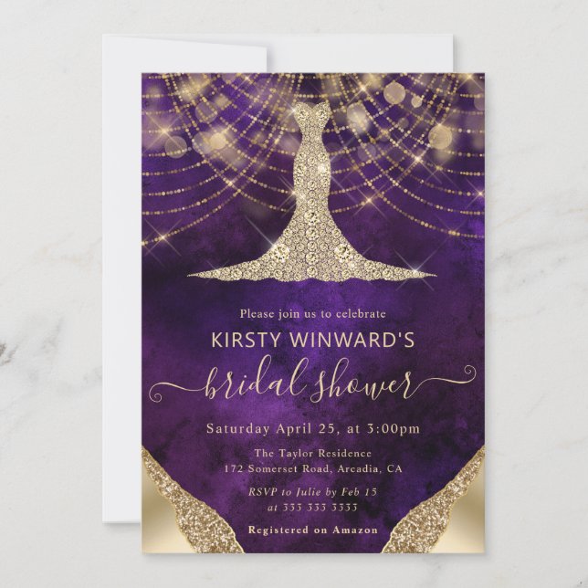Elegant Purple Gold Gown Bridal Shower Invitation (Front)