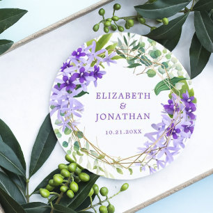 Elegant Purple Gold Green Floral Wreath Wedding Round Paper Coaster