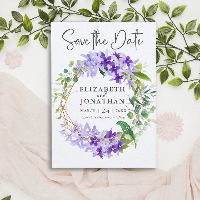 Elegant Purple Gold Green Floral Wreath Wedding  Save The Date (Creator Uploaded)