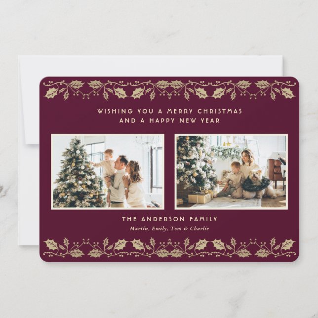 Elegant Purple Gold Holly Berries Photo Holiday Card (Front)