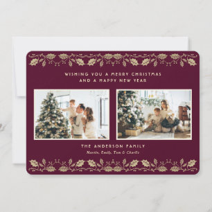 Elegant Purple Gold Holly Berries Photo Holiday Card