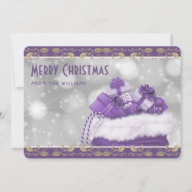 Elegant Purple Gold Holly Christmas Presents Holiday Card (Front)