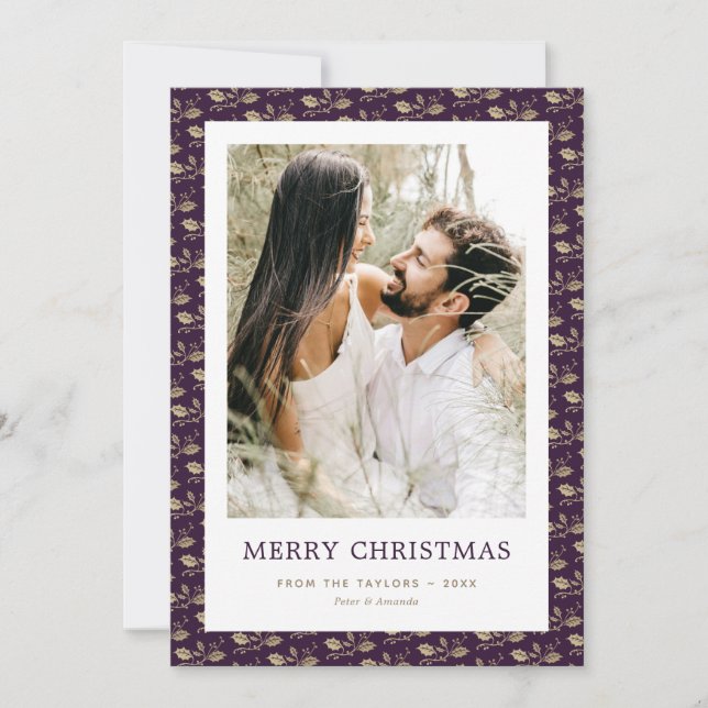 Elegant Purple Gold Holly Photo Merry Christmas Holiday Card (Front)
