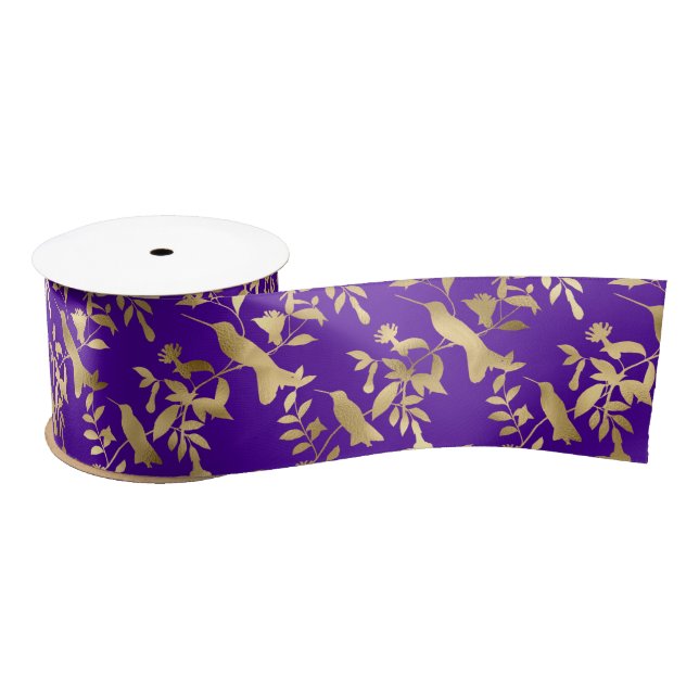 Elegant Purple Gold Hummingbirds Satin Ribbon (Spool)
