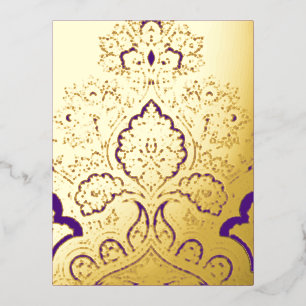 Elegant Purple & Gold Indian Paisley Damask Patter Foil Holiday Postcard