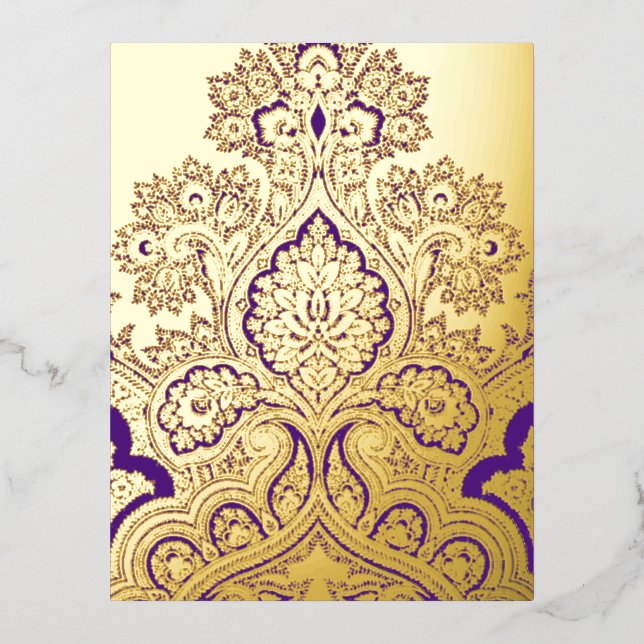 Elegant Purple & Gold Indian Paisley Damask Patter Foil Holiday Postcard (Front)