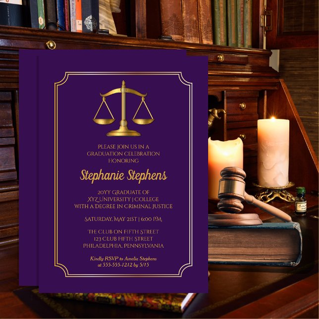 Elegant Purple Gold Law Attorney Graduation Party Invitation (Elegant Purple and Gold Tone Law Attorney Lawyer Graduation Announcement | Party Invitation)