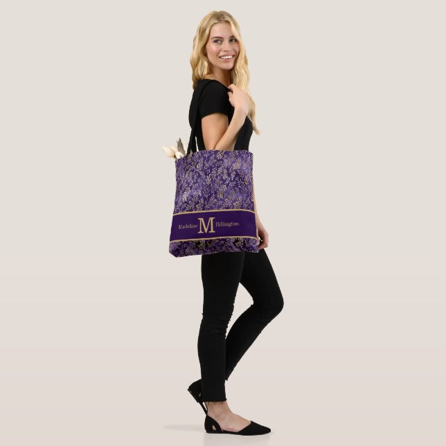 Elegant Purple Gold Leaves Monogram Name Tote Bag (On Model)