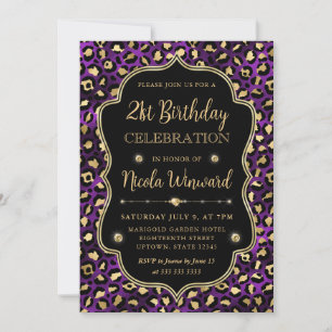 Elegant Purple Gold Leopard Print Birthday Invitation