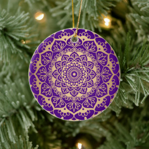 Elegant Purple Gold Mandala Boho Chic Flower Ceramic Ornament