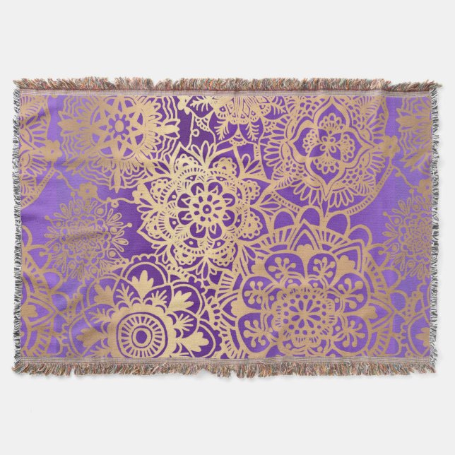 Elegant Purple Gold Mandala Pattern Throw Blanket (Front)