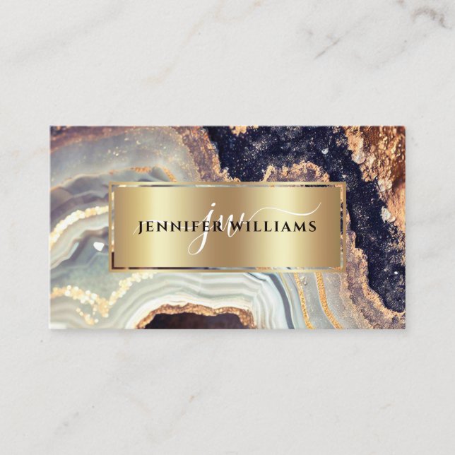Elegant Purple Gold Marble Agate Geode QR Code Business Card (Front)