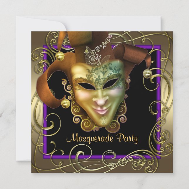Elegant Purple Gold Masquerade Party Invitations (Front)