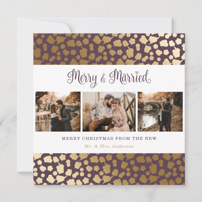 Elegant Purple Gold Merry and Married Christmas Holiday Card (Front)