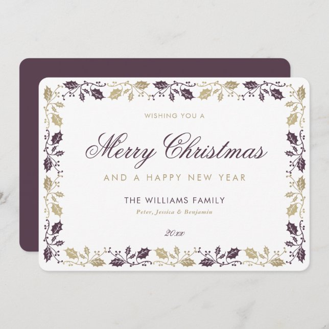Elegant Purple Gold Merry Christmas Happy New Year Holiday Card (Front/Back)