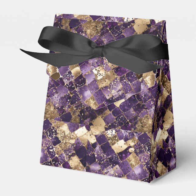 Elegant Purple & Gold Metallic Chequerboard Favour Box (Front Side)