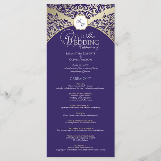 Elegant Purple & Gold Monogram Wedding Program (Front)