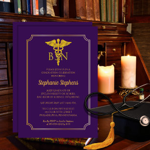 Elegant Purple Gold Nurse BSN Graduation Party Invitation