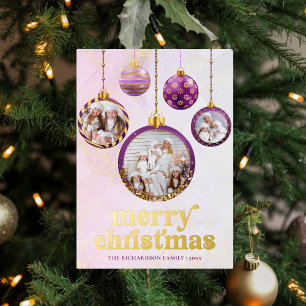 Elegant Purple & Gold Ornament Photo Christmas Foil Holiday Card