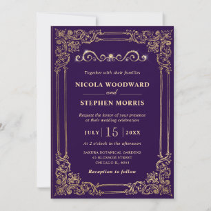 Elegant Purple & Gold Ornamental Wedding Invitation