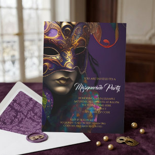 Elegant Purple Gold Ornate Mask Masquerade Party Invitation