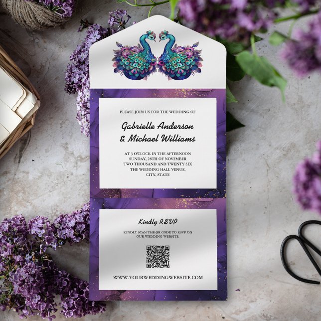 Elegant Purple Gold Peacock Photo Eco QR Wedding  All In One Invitation (Creator Uploaded)