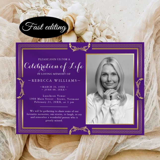 Elegant Purple Gold Photo Celebration of life Invitation (Creator Uploaded)
