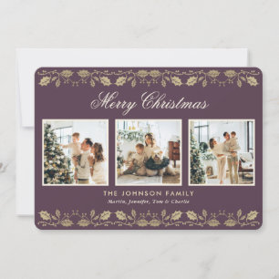 Elegant Purple Gold Photo Collage Christmas Card