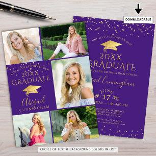 Elegant Purple Gold Photo Collage Graduate Invitation
