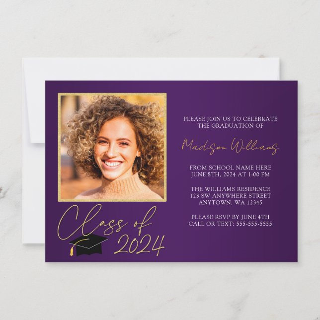 Elegant Purple Gold Photo Graduation Announcement (Front)