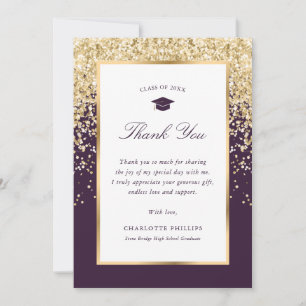 Elegant Purple Gold Photo Graduation Thank You Card