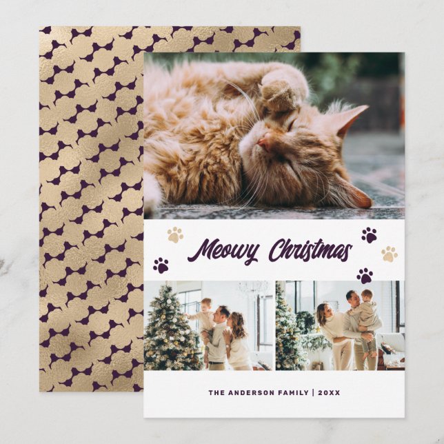 Elegant Purple Gold Photo Meowy Christmas Card (Front/Back)