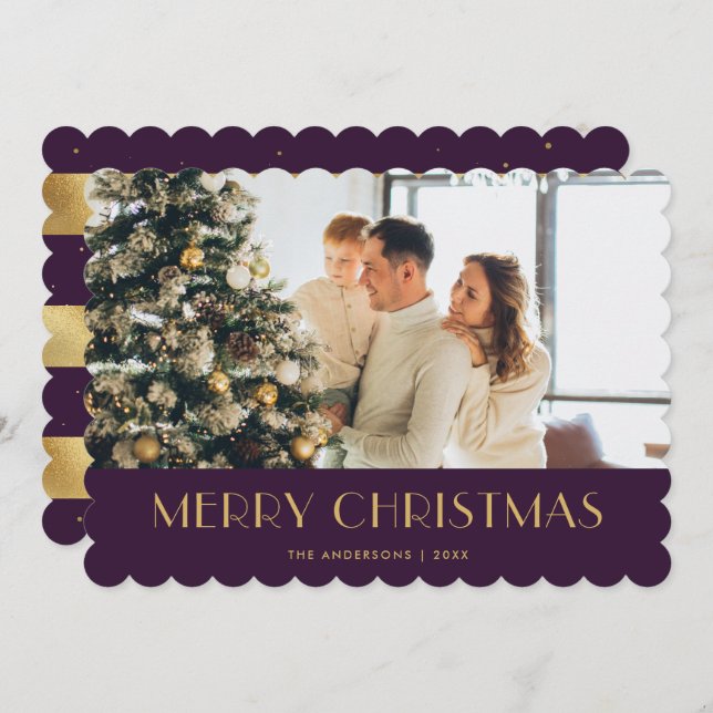 Elegant Purple Gold Photo Merry Christmas Card (Front/Back)